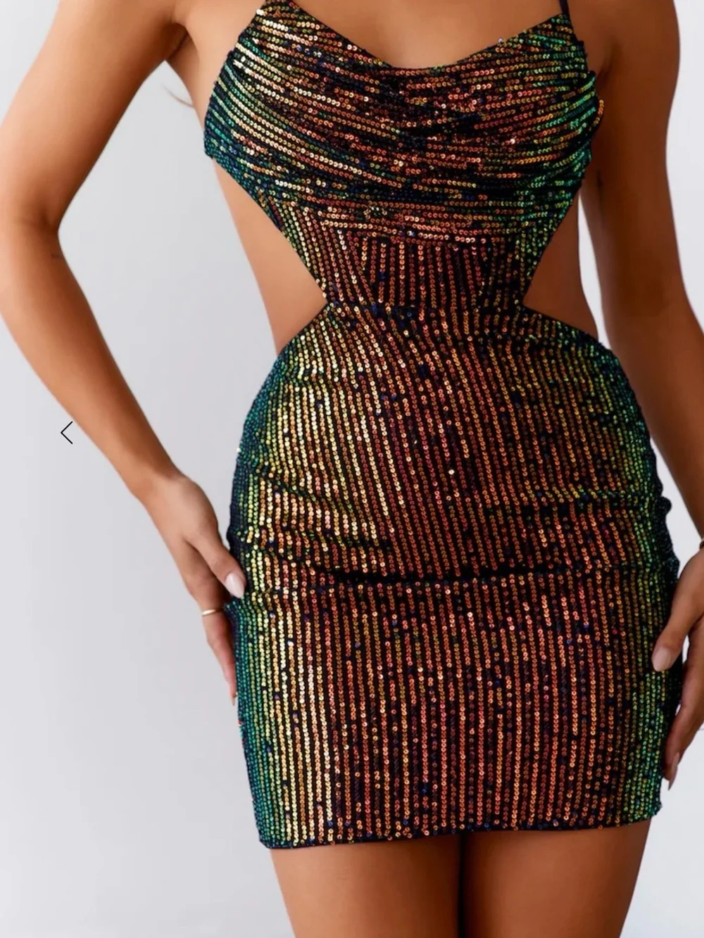Hello Molly Iridescent Sequin Cutout Mini Dress - Black with Multicolor Sparkle